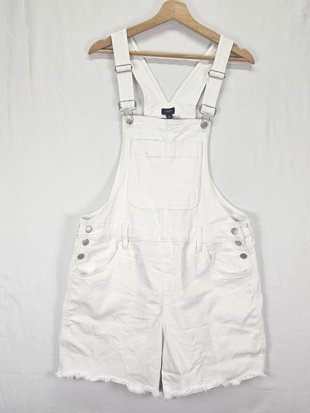 J. Crew White Denim Short Overalls Womens Sz L Raw Hem Bib Shorts White